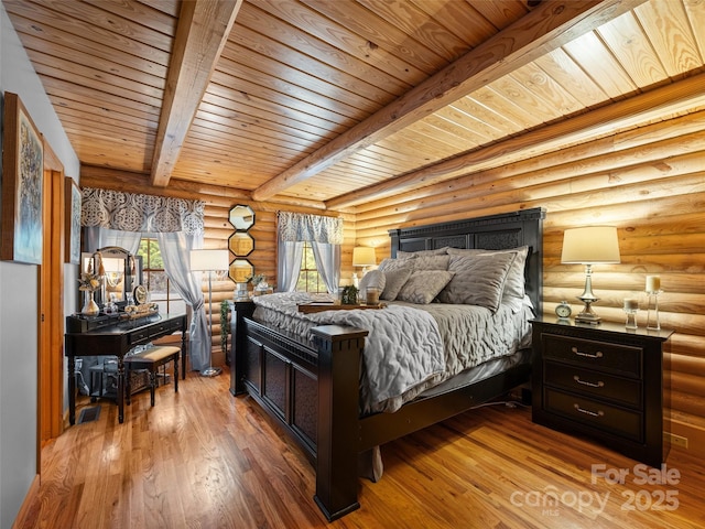 bedroom with wood ceiling, hardwood / wood-style flooring, log walls, and beam ceiling