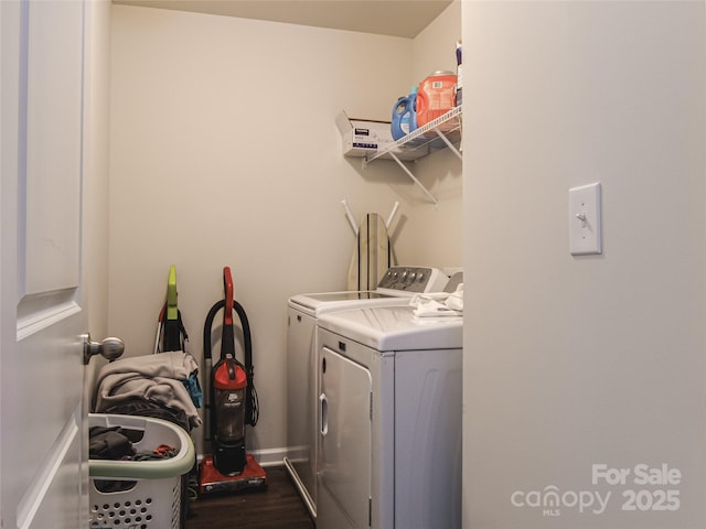 14727 Choate Cir Unit 2, Charlotte, NC 28273 - clothes washing area with washing machine and dryer, laundry area, baseboards, and dark wood finished floors