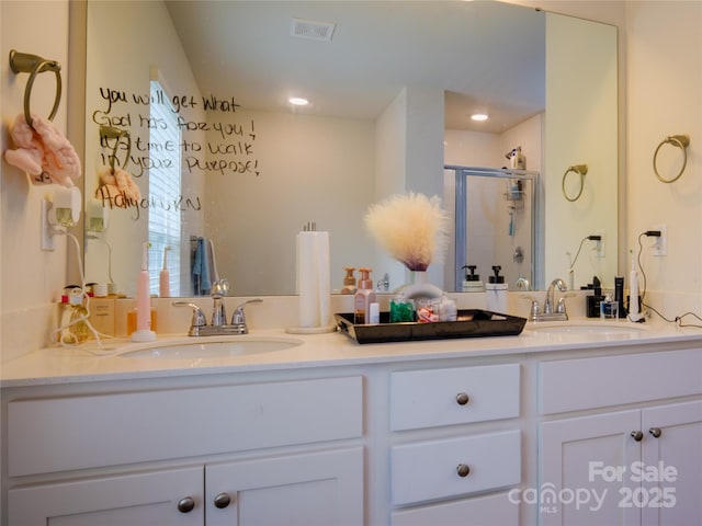14727 Choate Cir Unit 2, Charlotte, NC 28273 - full bath featuring double vanity, a shower stall, and a sink