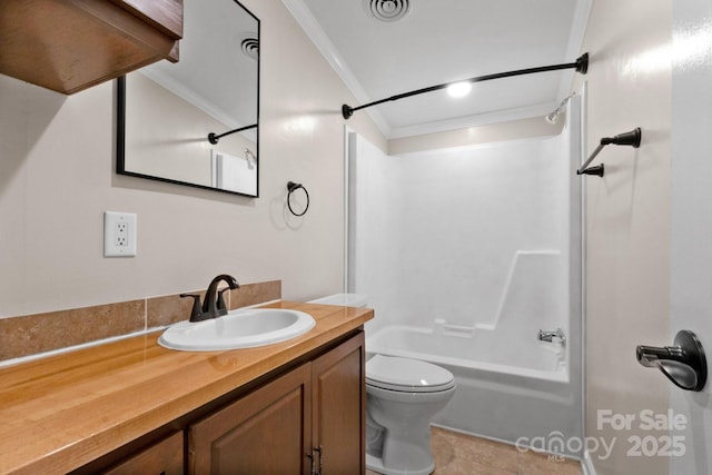 2942 Denwood Dr, Claremont, NC 28610 - bathroom with visible vents, toilet, vanity, crown molding, and shower / bathing tub combination