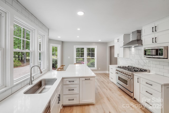 kitchen featuring stainless steel appliances, light wood-style floors, wall chimney range hood, backsplash, and a sink