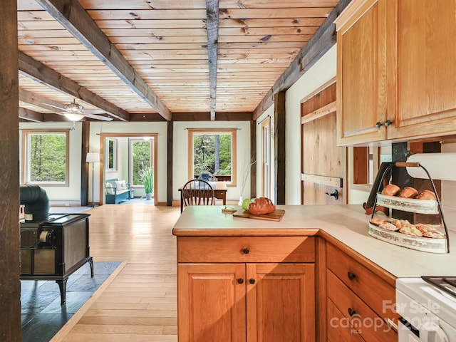 kitchen featuring light countertops, plenty of natural light, wood ceiling, and light wood-style floors