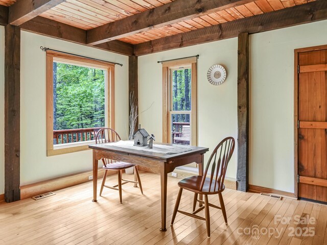 dining space with visible vents, beamed ceiling, and a wealth of natural light