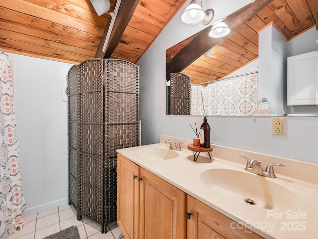 bathroom featuring vaulted ceiling with beams, a sink, tile patterned floors, and wooden ceiling