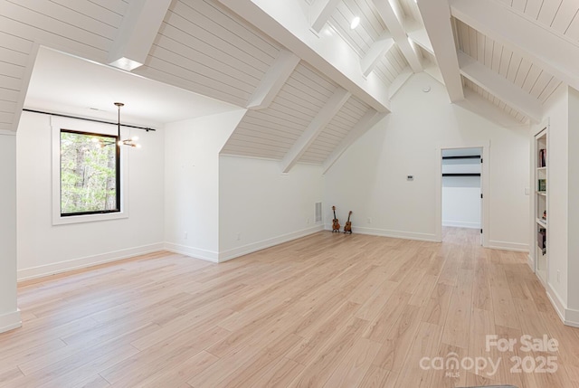 unfurnished living room with visible vents, vaulted ceiling with beams, baseboards, a chandelier, and light wood-style flooring
