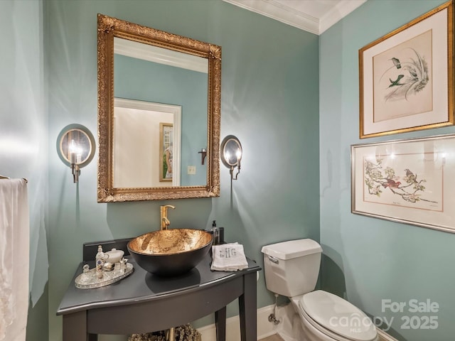 half bath with crown molding, toilet, and a sink