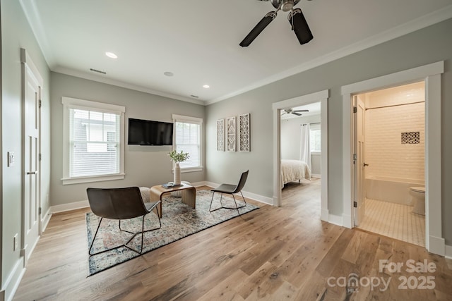 365 Delburg St, Davidson, NC 28036 - sitting room featuring a ceiling fan, ornamental molding, wood finished floors, baseboards, and recessed lighting
