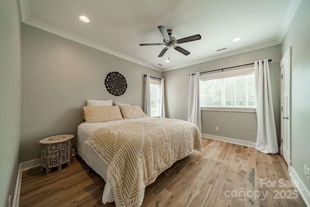 365 Delburg St, Davidson, NC 28036 - bedroom featuring baseboards, light wood finished floors, recessed lighting, crown molding, and a ceiling fan