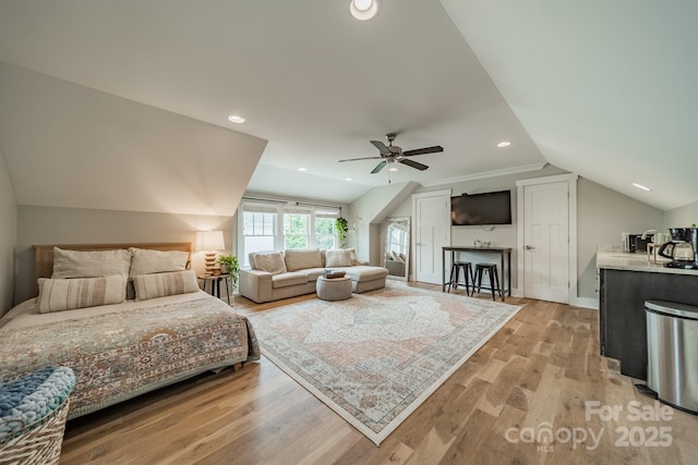 365 Delburg St, Davidson, NC 28036 - bedroom featuring vaulted ceiling, light wood finished floors, ceiling fan, and recessed lighting