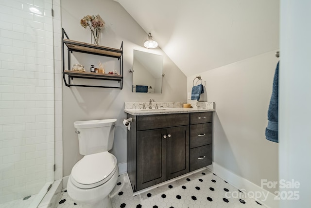 365 Delburg St, Davidson, NC 28036 - full bath with lofted ceiling, toilet, baseboards, vanity, and a tile shower