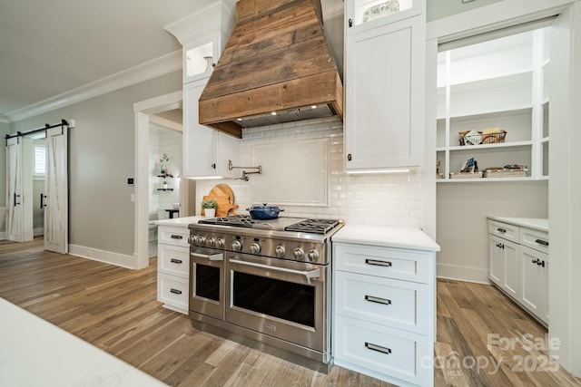 365 Delburg St, Davidson, NC 28036 - kitchen featuring range with two ovens, custom range hood, ornamental molding, light countertops, and backsplash