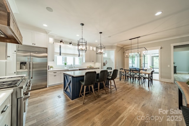 365 Delburg St, Davidson, NC 28036 - kitchen with high end appliances, white cabinets, a center island, crown molding, and light countertops