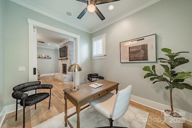 365 Delburg St, Davidson, NC 28036 - office space with ornamental molding, a brick fireplace, ceiling fan, baseboards, and recessed lighting