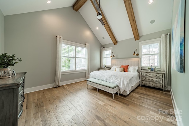 365 Delburg St, Davidson, NC 28036 - bedroom featuring beam ceiling, light wood-style floors, baseboards, recessed lighting, and high vaulted ceiling