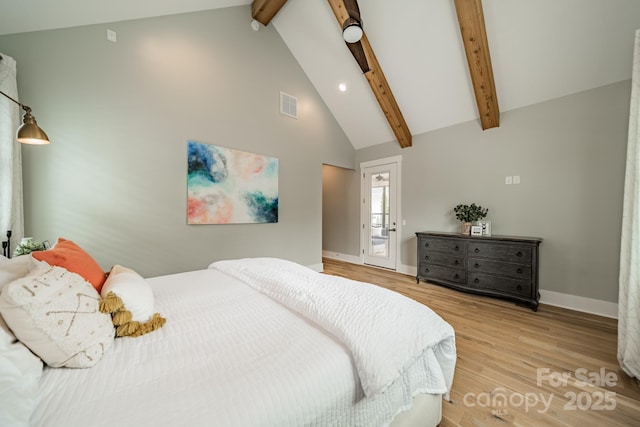 365 Delburg St, Davidson, NC 28036 - bedroom featuring beamed ceiling, baseboards, high vaulted ceiling, light wood-style flooring, and recessed lighting