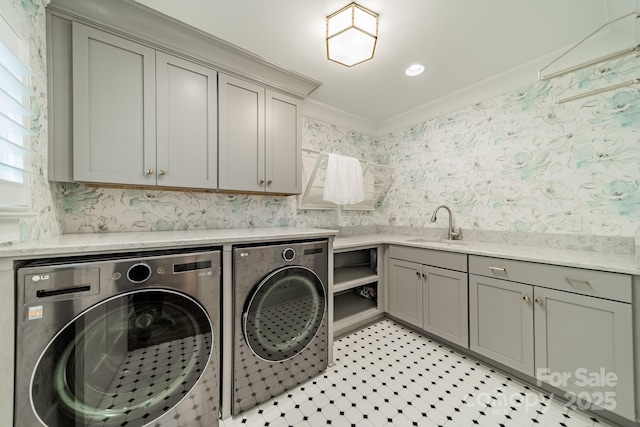 365 Delburg St, Davidson, NC 28036 - washroom featuring washing machine and dryer, cabinet space, wallpapered walls, crown molding, and recessed lighting