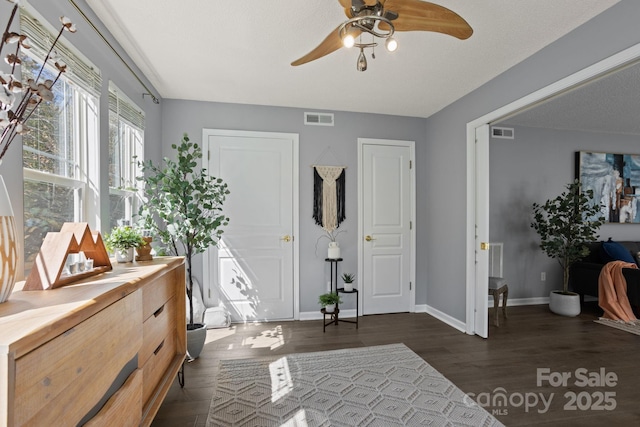 1201 Deermouse Way, Hendersonville, NC 28792 - entryway with dark wood-style flooring, a ceiling fan, visible vents, and baseboards