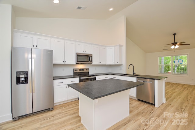 kitchen with dark countertops, a sink, stainless steel appliances, a peninsula, and visible vents
