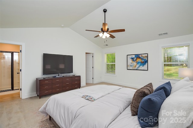 bedroom with visible vents, lofted ceiling, light carpet, baseboards, and ceiling fan