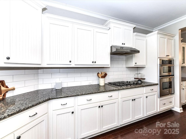 3057 Drummond Ave, Indian Land, SC 29707 - kitchen featuring appliances with stainless steel finishes, ornamental molding, backsplash, and under cabinet range hood