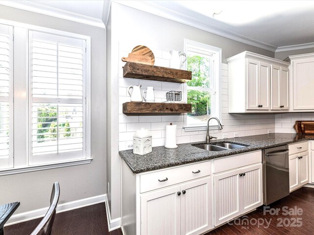 3057 Drummond Ave, Indian Land, SC 29707 - kitchen with dark wood-style flooring, crown molding, stainless steel dishwasher, open shelves, and a sink