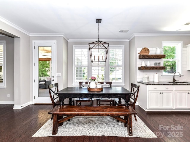 3057 Drummond Ave, Indian Land, SC 29707 - dining space with a chandelier, baseboards, visible vents, and dark wood finished floors