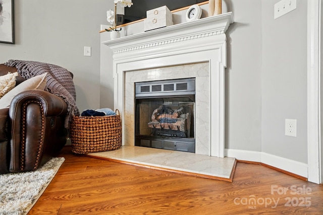 interior details with baseboards, wood finished floors, and a fireplace