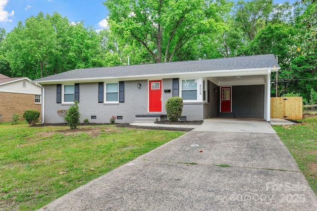 4009 Dunwoody Dr, Charlotte, NC 28215 - single story home featuring concrete driveway, a front lawn, crawl space, and an attached carport