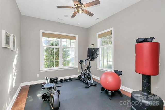 1105 Hoyle Ln, Waxhaw, NC 28173 - exercise area featuring baseboards, visible vents, and ceiling fan