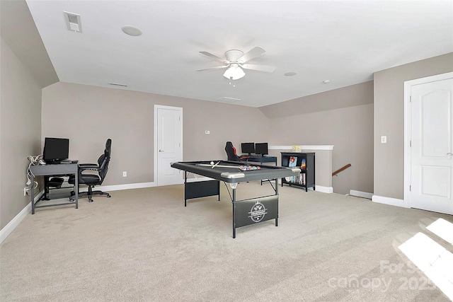 1105 Hoyle Ln, Waxhaw, NC 28173 - recreation room with ceiling fan, lofted ceiling, visible vents, and light carpet