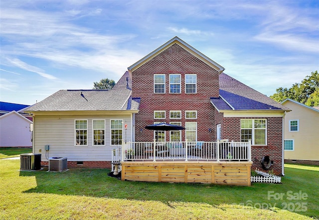1105 Hoyle Ln, Waxhaw, NC 28173 - back of property featuring a lawn, crawl space, central AC unit, and a deck