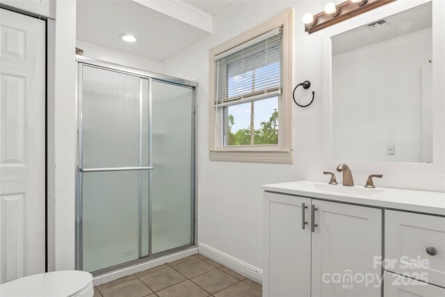 full bathroom with a shower stall, tile patterned floors, vanity, toilet, and visible vents