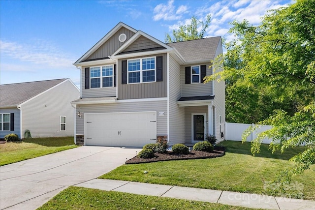 craftsman inspired home featuring a garage, driveway, board and batten siding, fence, and a front yard