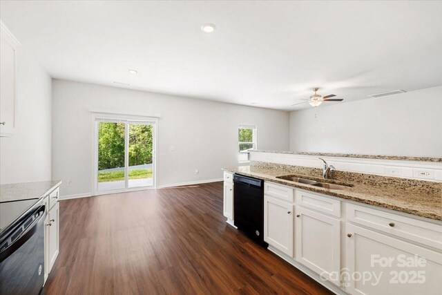 kitchen featuring a ceiling fan, a sink, dark wood-type flooring, and black dishwasher