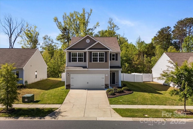 traditional-style home featuring concrete driveway, a front lawn, fence, and a garage