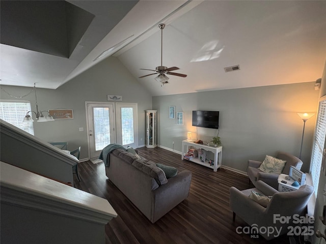 living room with high vaulted ceiling, ceiling fan, baseboards, dark wood-style flooring, and visible vents