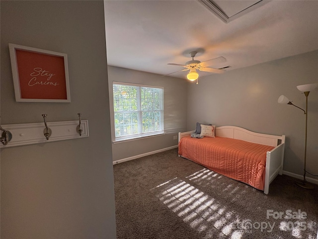 carpeted bedroom with baseboards and ceiling fan