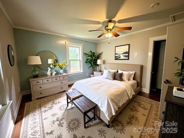 6000 S Main St, Salisbury, NC 28147 - bedroom featuring ornamental molding, wood finished floors, and a ceiling fan