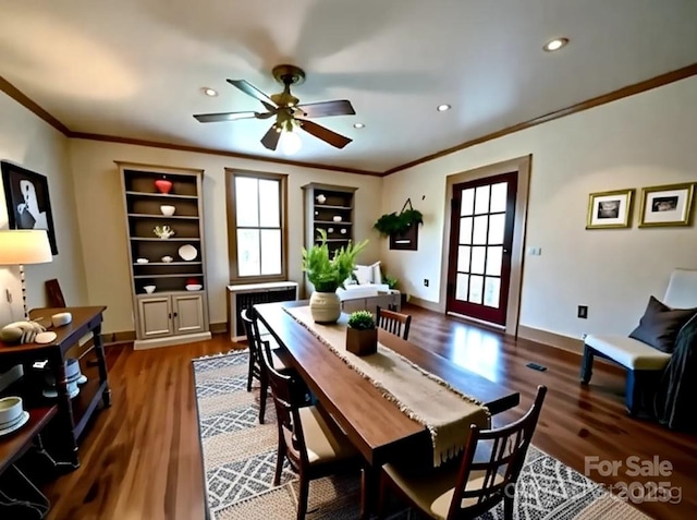 6000 S Main St, Salisbury, NC 28147 - dining area featuring crown molding, wood finished floors, healthy amount of natural light, ceiling fan, and recessed lighting