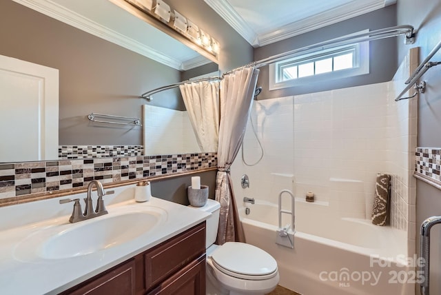 10836 Maryanna Ct, Charlotte, NC 28213 - full bath featuring crown molding, vanity, toilet, shower / bathtub combination with curtain, and tasteful backsplash