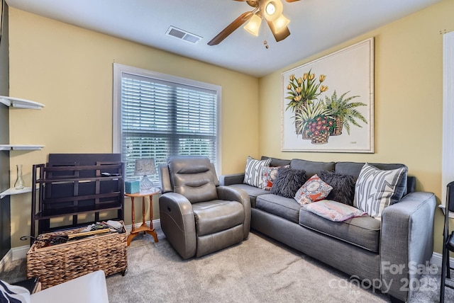 10836 Maryanna Ct, Charlotte, NC 28213 - living room featuring visible vents, a ceiling fan, carpet, and baseboards