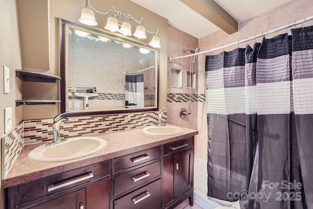 10836 Maryanna Ct, Charlotte, NC 28213 - bathroom featuring a sink, backsplash, and double vanity