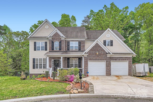 10836 Maryanna Ct, Charlotte, NC 28213 - traditional home featuring covered porch, roof with shingles, brick siding, a front lawn, and concrete driveway
