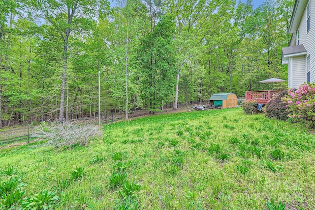 10836 Maryanna Ct, Charlotte, NC 28213 - view of yard featuring fence, an outbuilding, a shed, and a forest view
