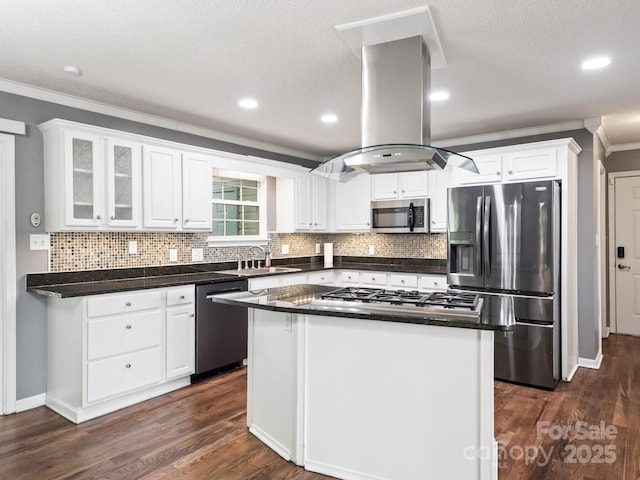 106 Thistle Tree Way, Weaverville, NC 28787 - kitchen featuring ornamental molding, stainless steel appliances, a sink, island range hood, and white cabinets