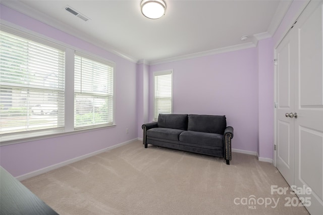 604 Tudor Park Way, Charlotte, NC 28211 - living area featuring light colored carpet, baseboards, crown molding, and visible vents
