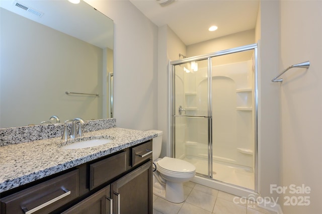 604 Tudor Park Way, Charlotte, NC 28211 - bathroom featuring tile patterned flooring, visible vents, toilet, vanity, and a stall shower