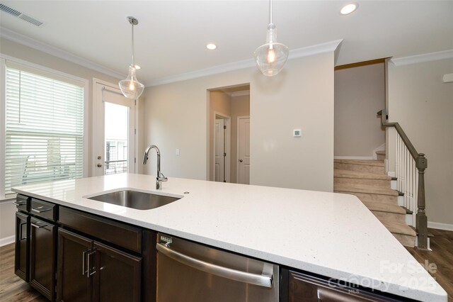 604 Tudor Park Way, Charlotte, NC 28211 - kitchen with dishwasher, dark brown cabinets, wood finished floors, and a sink