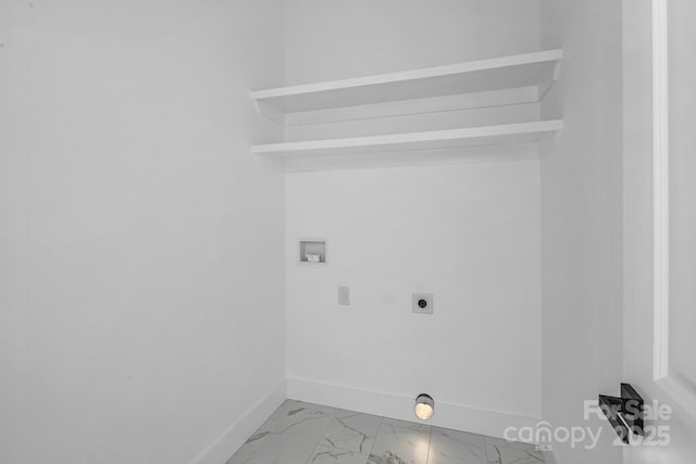 clothes washing area featuring baseboards, washer hookup, marble finish floor, electric dryer hookup, and laundry area