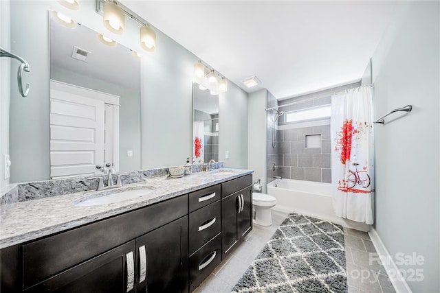 full bathroom with shower / tub combo, double vanity, toilet, and tile patterned floors